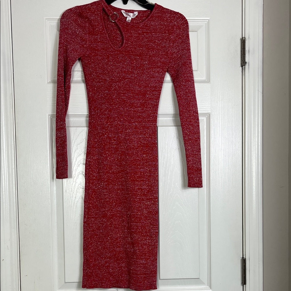No Boundaries Red Long Sleeve Ribbed Knit Bodycon Dress